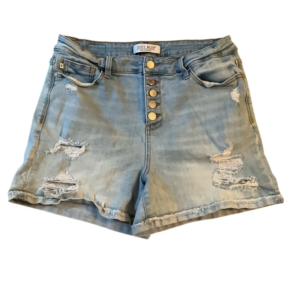 Judy Blue High Rise Distressed Button Fly‎ Denim Shorts Light Wash Women Large